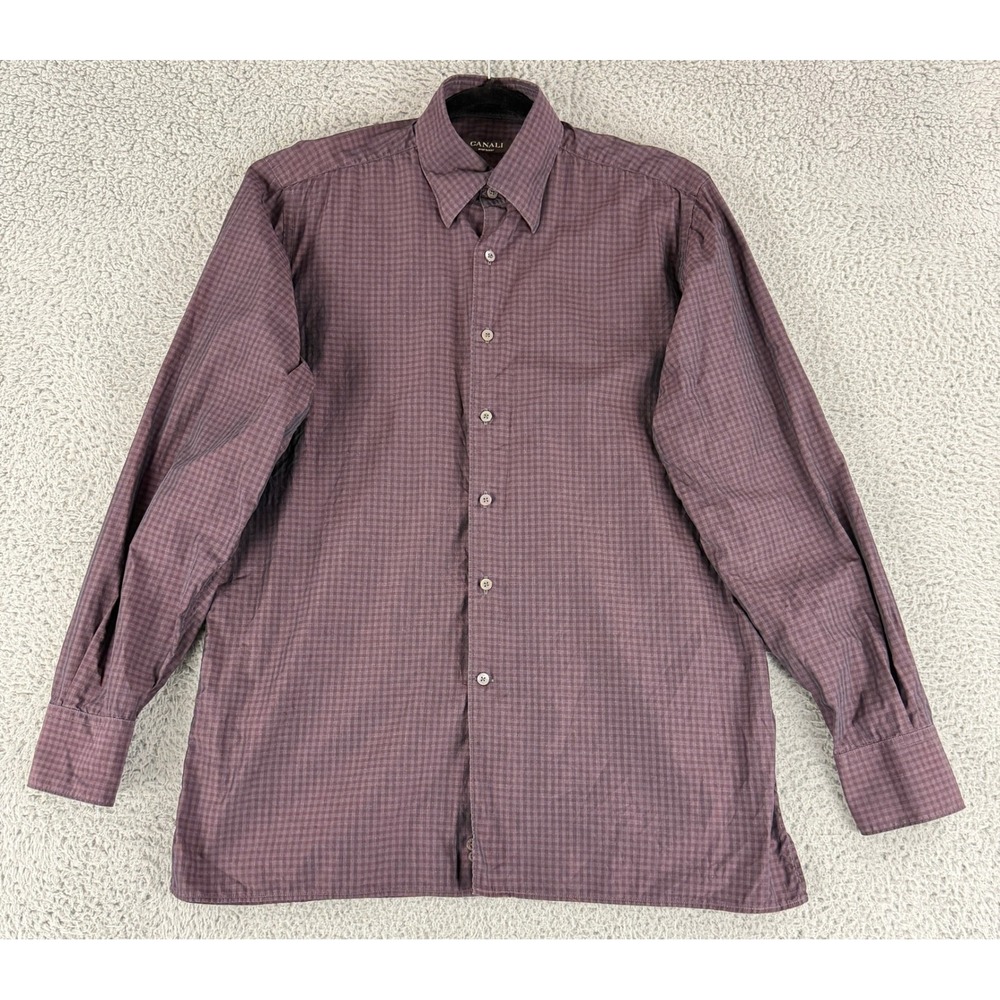 Canali Button Down Shirt Mens Large Plum Micro Check Long Sleeve Made Italy